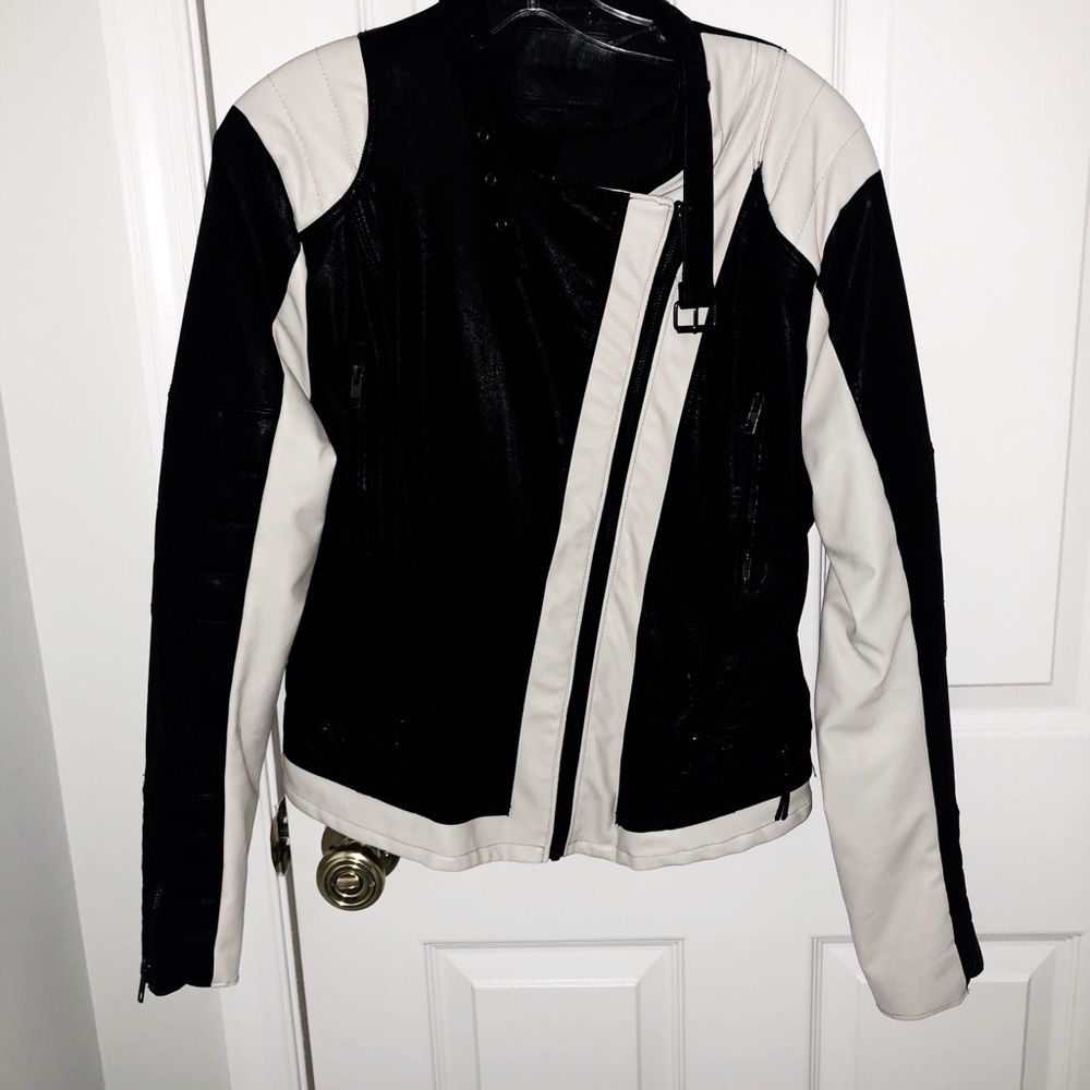 Vegan Leather Color Block Moto Jacket (Medium)